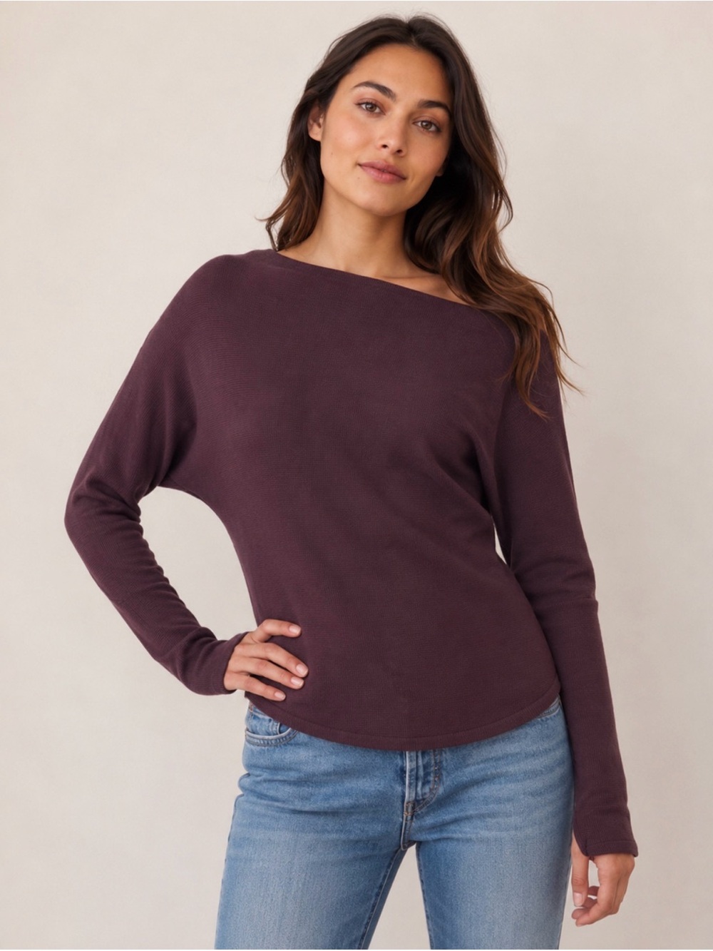 We The Free Fuji Off Shoulder Thermal Top Large Mauve Merlot Free People